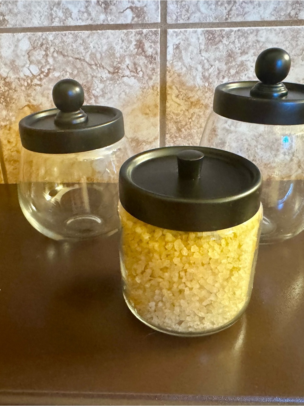 Set Of 3 Oil Rubbed Bronze glass jars (bath salts not included)